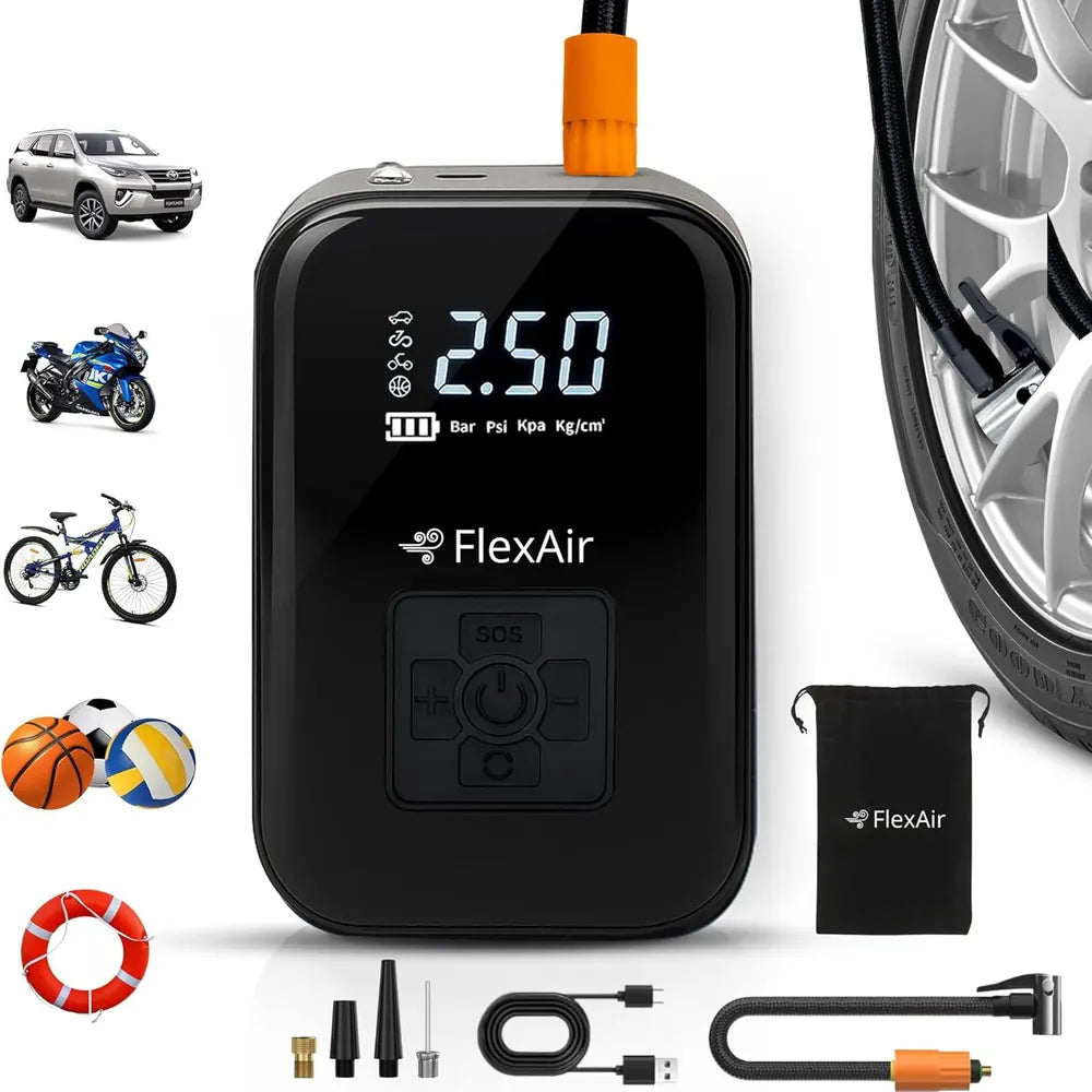 Gonfleur FlexAir noir avec ses embouts, son câble et sa pochette