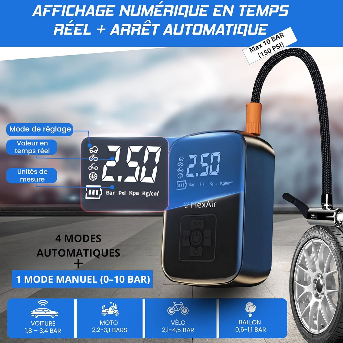 FlexAir – Gonfleur de pneus portable sans fil